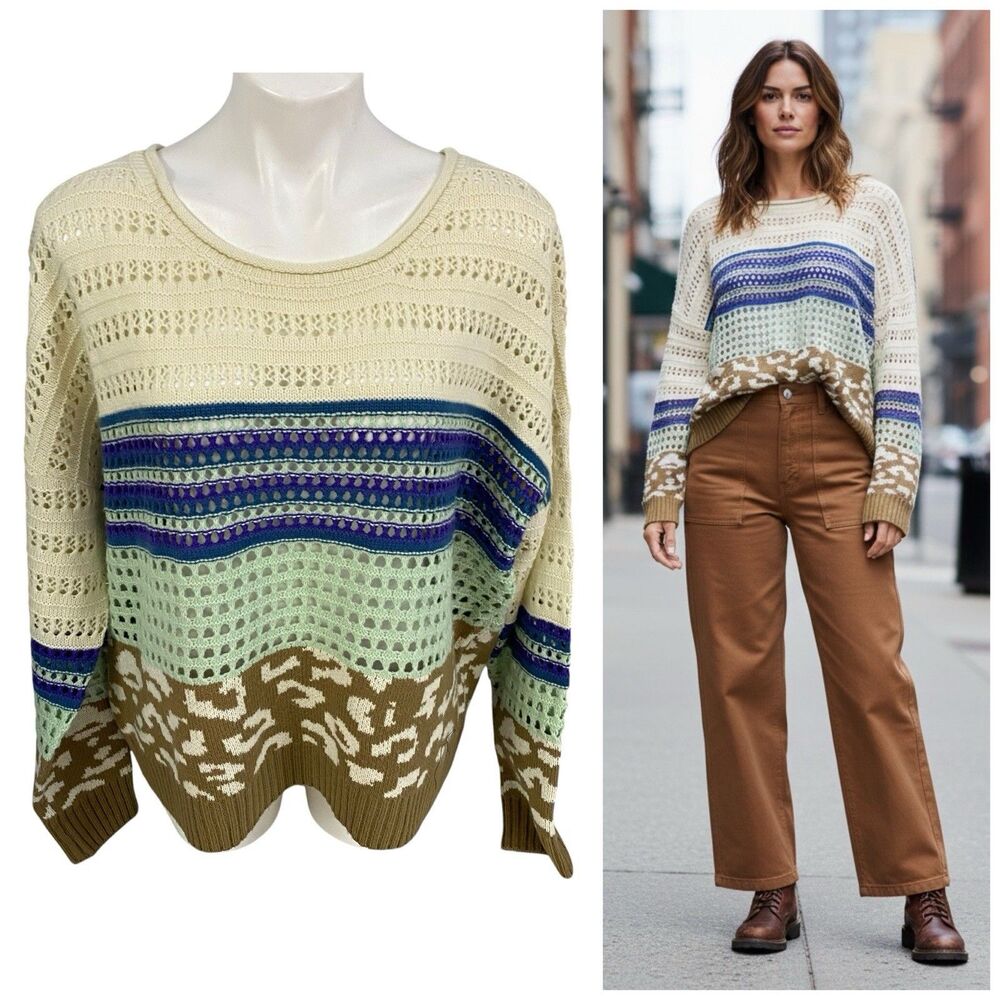 Ces Femme Sweater Womens Large Open Knit Boho Crochet Striped Leopard Pullover